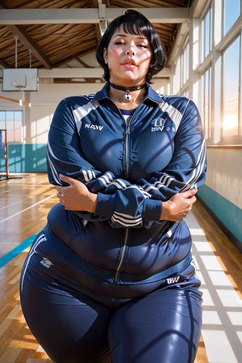 Wooden Floor, Navy Blue Track Pants, Clothed Heavy Plump Ample Booty BBW AI Porn