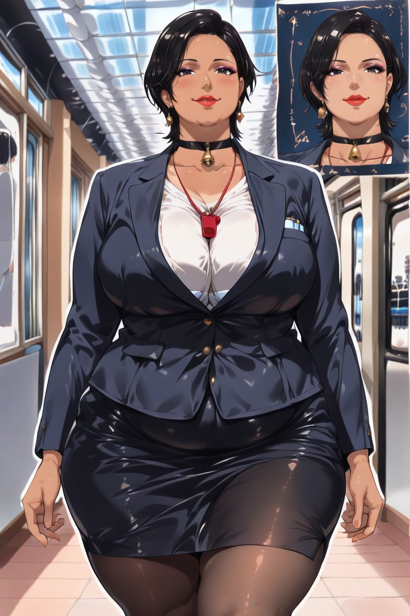 Empty Corridor, Built Bulky, Dressed In A Dark Blue Office Jacket Over A White Shirt BBW AI Porn