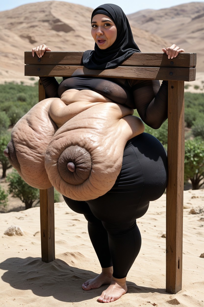 Tight Printed Leggings, Extremely Dark Areoles, Wrinkles BBW AI Porn