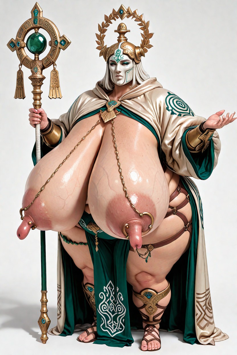Jade Inlaid Carved Ceremonial Crown Helmet As Headgear, Cellulite, Static Upright Standing Pose BBW AI Porn