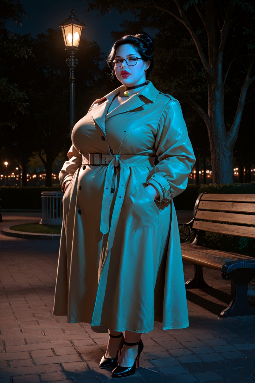 Dim Lighting, Looking Slightly Downward, Fully Dressed In A Trench Coat BBW AI Porn