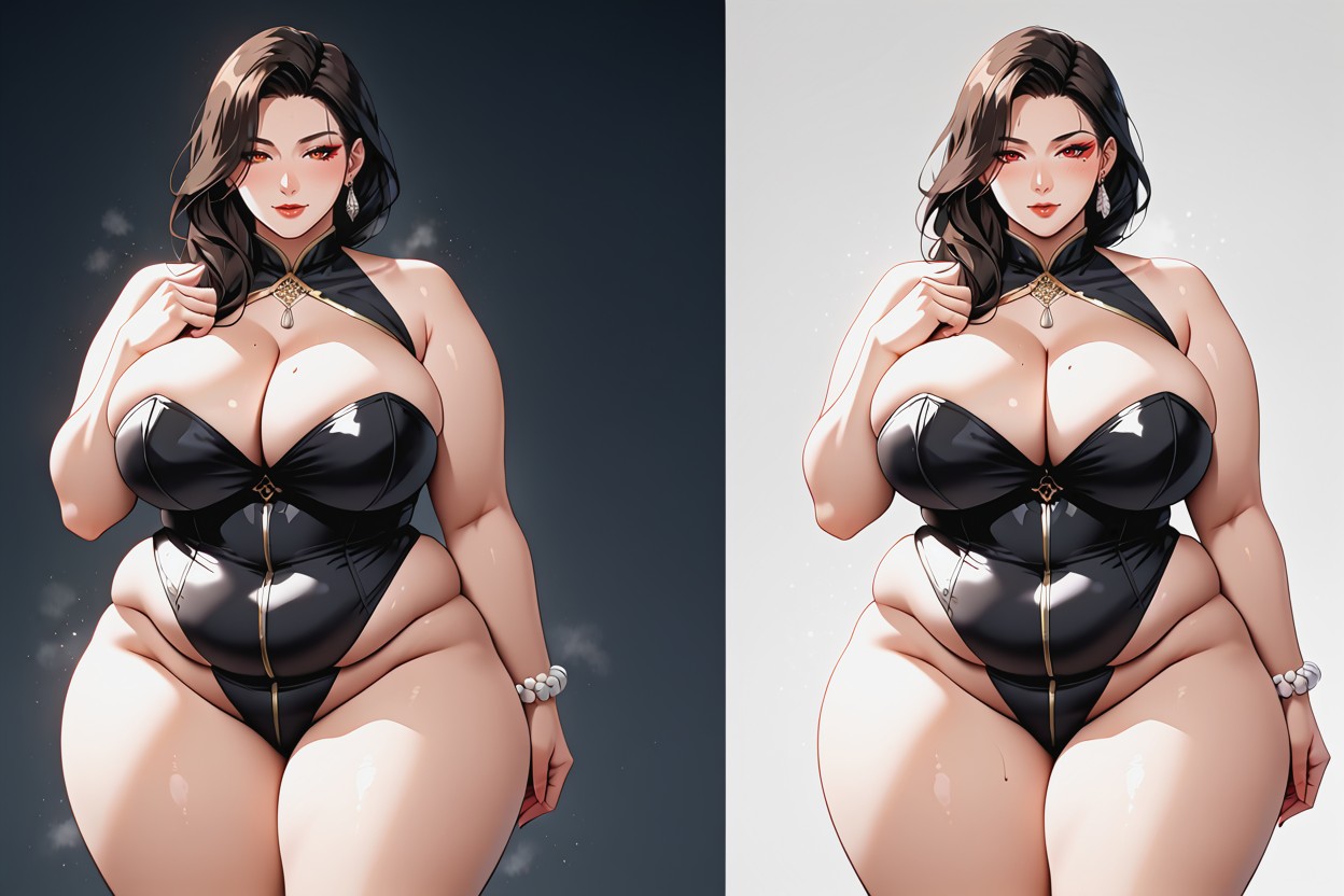 Wearing A Simple Black Peace Bikini Disappearing Under Her Vast Fatter_mega_bustier_curves, 18+, Asian BBW AI Porn