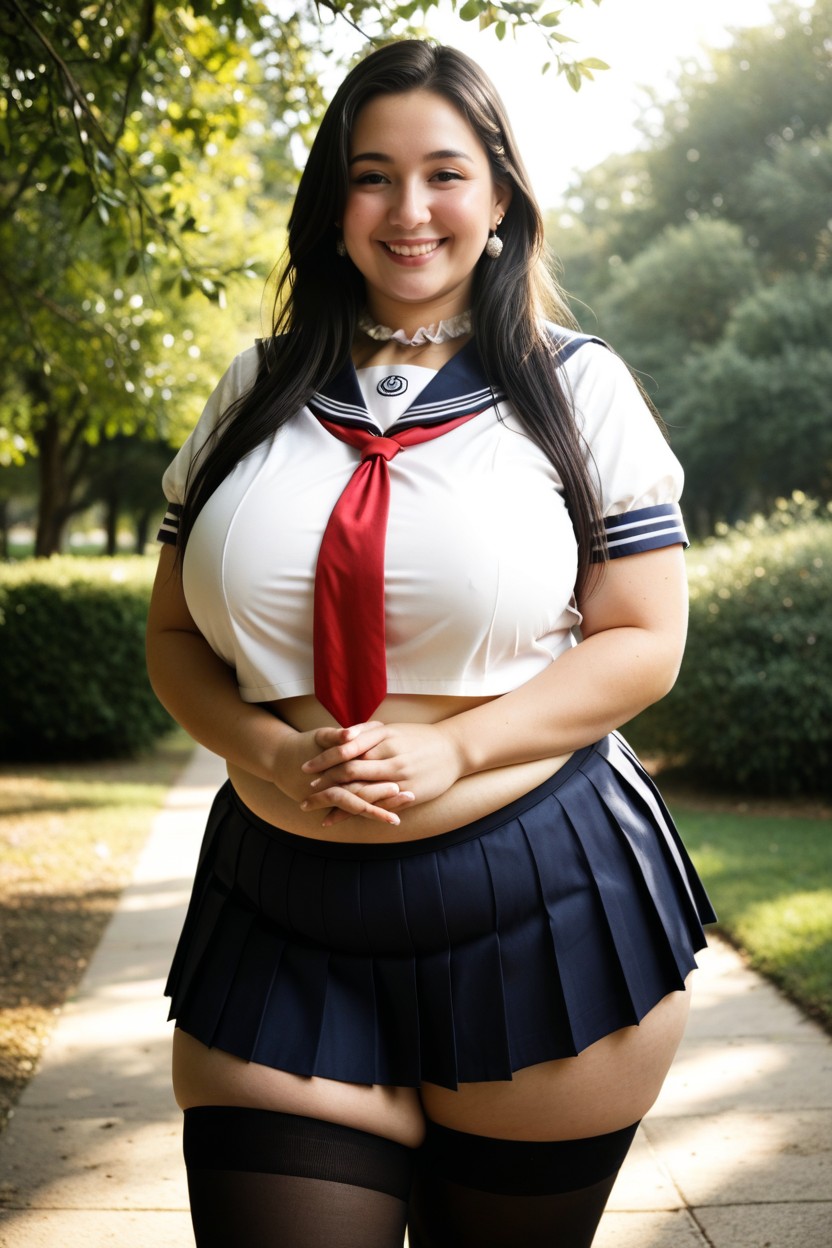 Refreshing Breeze, Sleek Straight Long Hair, Standing With Hands Clasped BBW AI Porn