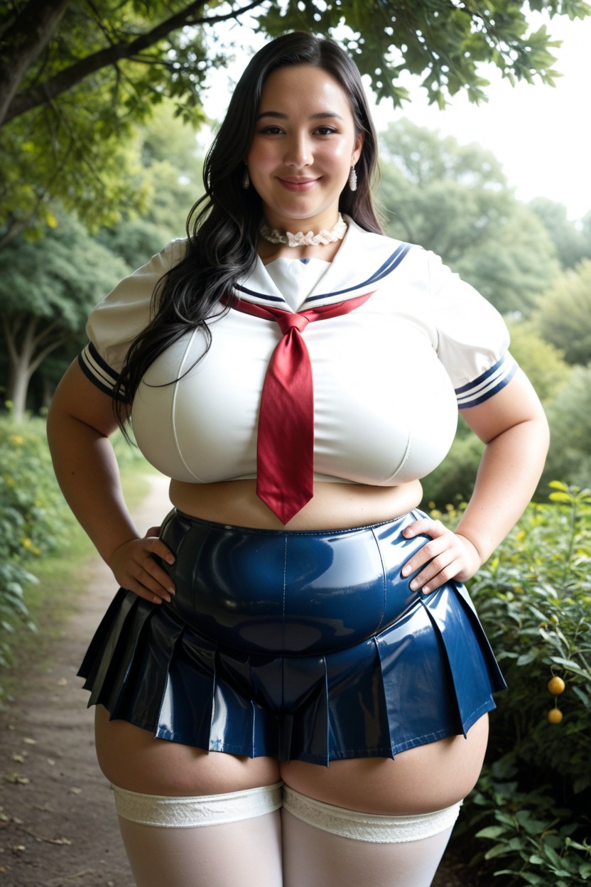 White Latex Thigh High Stockings, Early Afternoon Park, Earrings BBW AI Porn