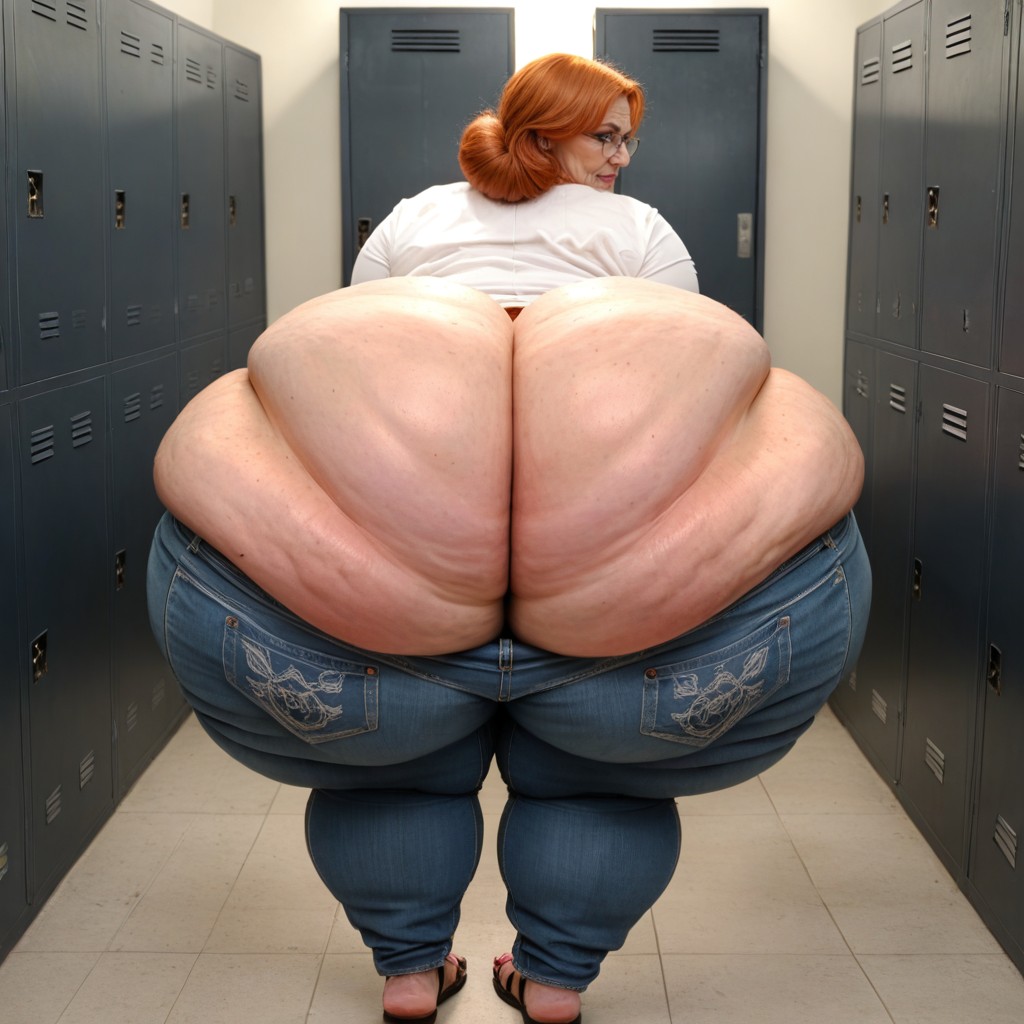 Wearing Glasses, Torn Oversized Jeans Slightly Covering Ass, Huge Ass BBW AIエロ