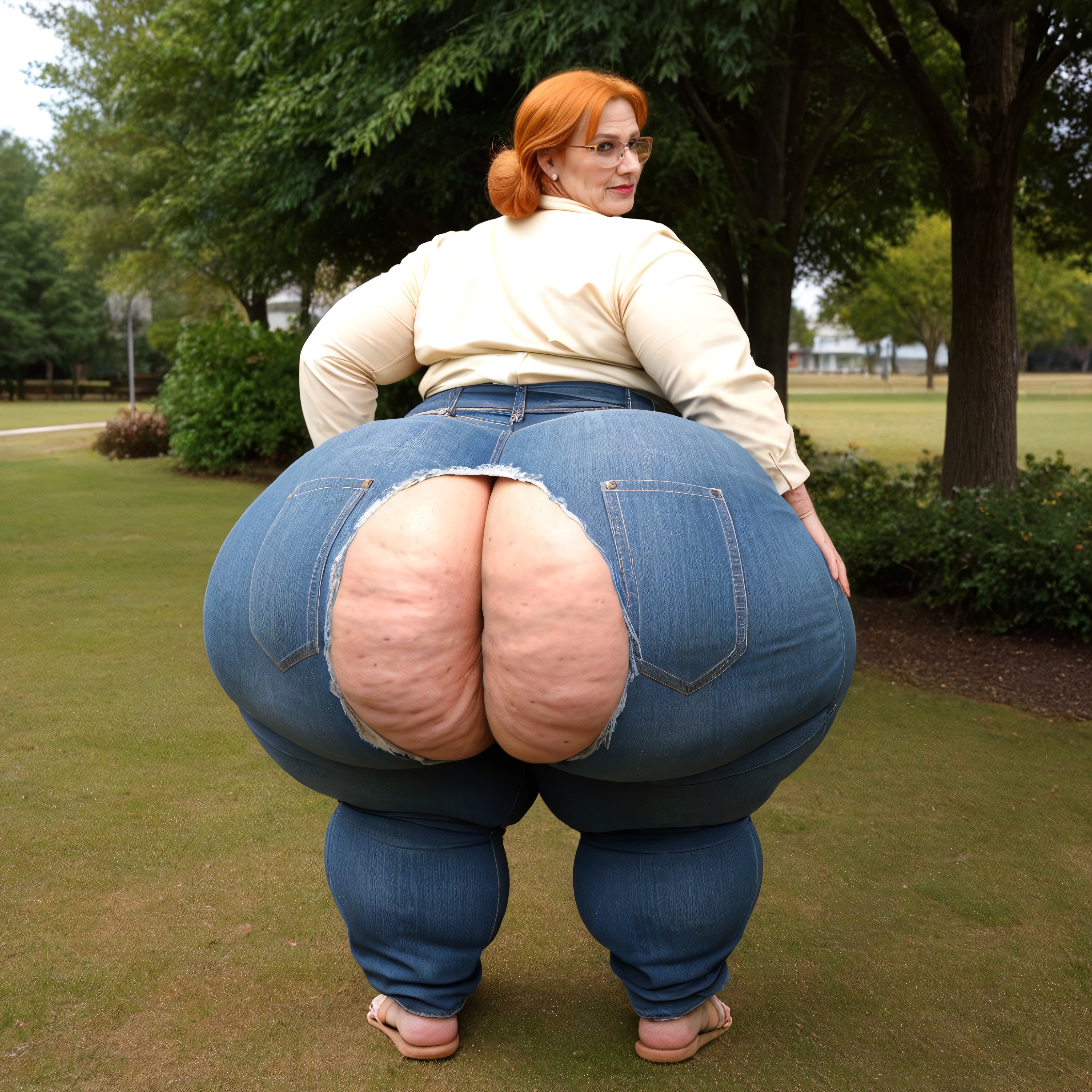 60+, World Record Giant Ass, Wearing Slightly Torn Oversized Jeans BBW AI Porn