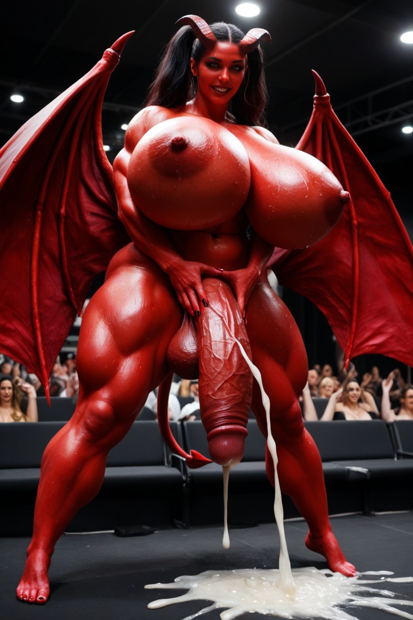 Hyper Muscular Futa Succubus, Gigantic Red Flaccid Cock, Front View BBW AI Porn
