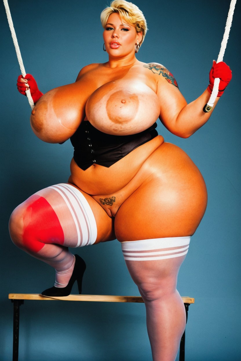 Clamshell Pussy, Only Wearing Elegant Stockings, Ultra Colossal Gigantic Natural Breasts BBW AI Porn