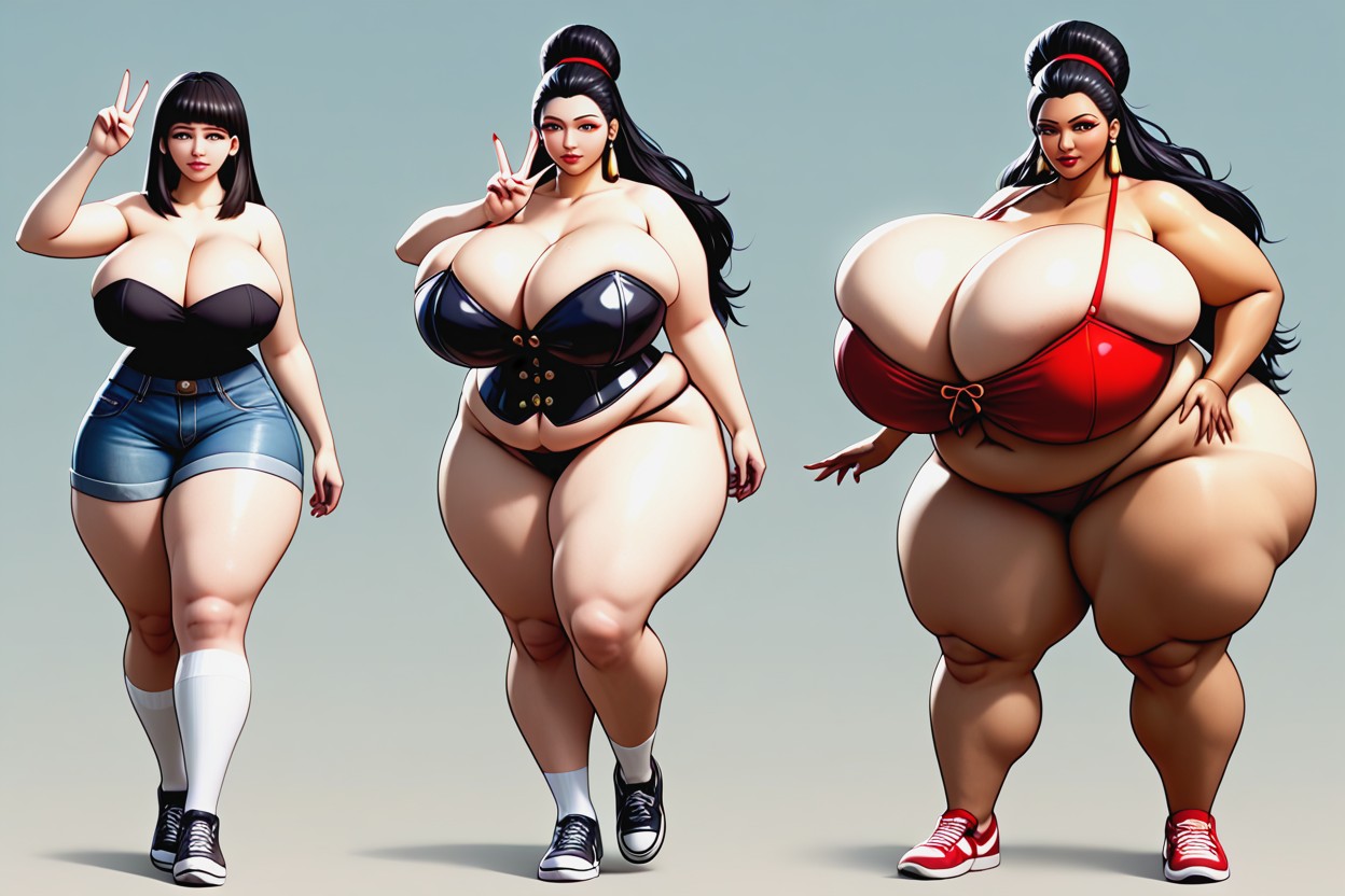 Thick Thighs, Standing Up Confidently Before-and-after Her Significant Drastic Giant Fat Breasts Expansion And Thick Fat Weight Gain, Breast Growth BBW AI Porn