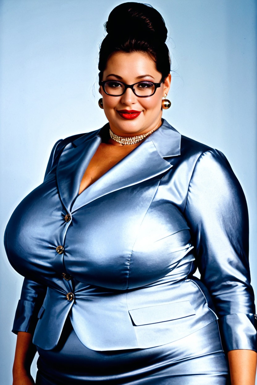 Glossy Red Lipstick, Plain Backdrop, Thick Black Glasses BBW AI Porn