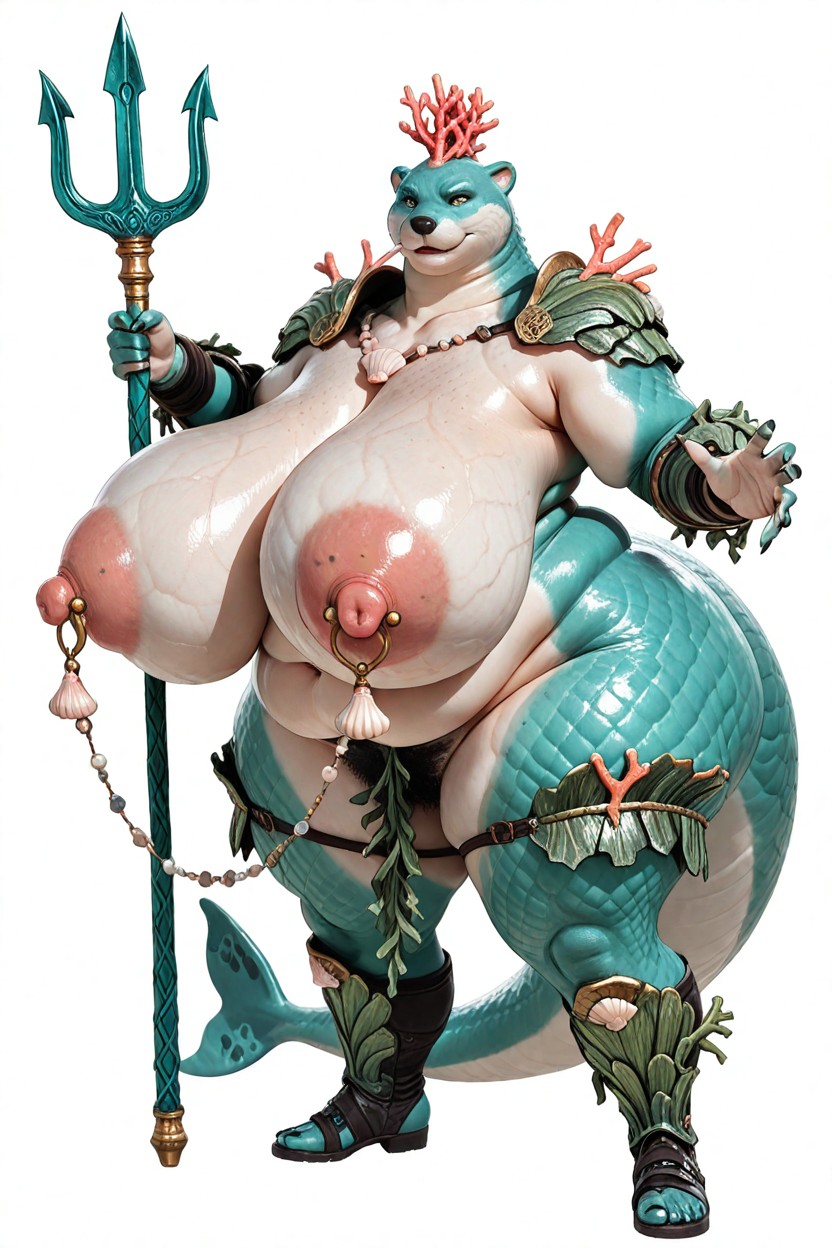 Giant Saggy Breasts, Nipple Chain, Trident Weapon BBW AI Porn
