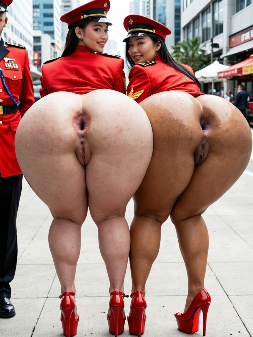 Looking At Viewer, Chinese Slut Soldiers, Red Military Uniform BBW AI Porn