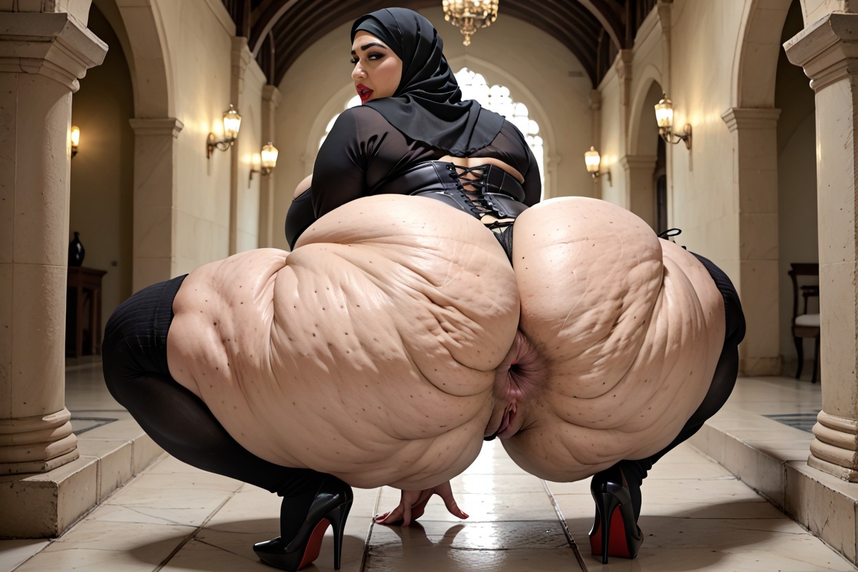 Hyper Colossal Obese Donkey Ass, Mule Heels, Embarrassed BBW AI Porn