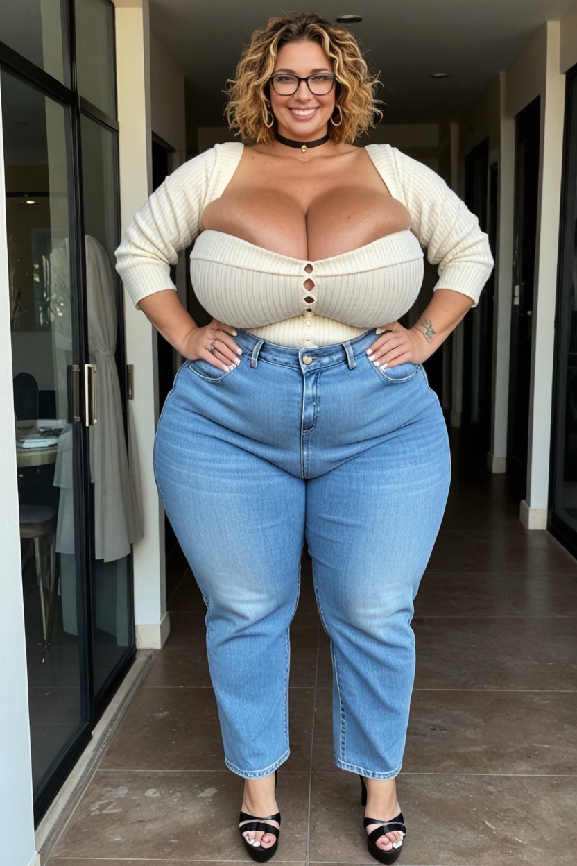Gigantic Hyper Saggy Breasts, Hyper Obese Face, Chubby Plump Body BBW AI Porn