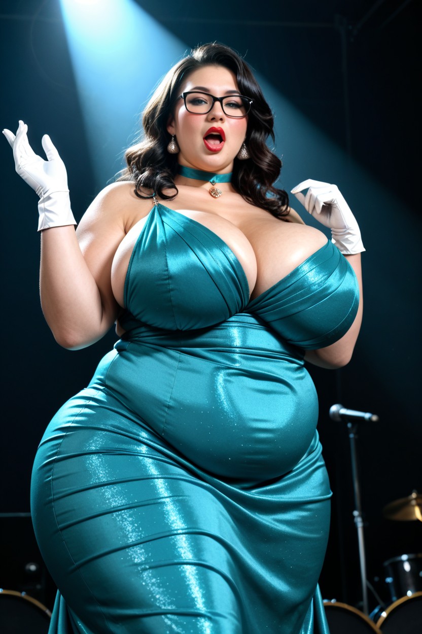 Elbow Length White Glove, Turquoise Blue Evening Satin Dress, On Stage BBW AI Porn