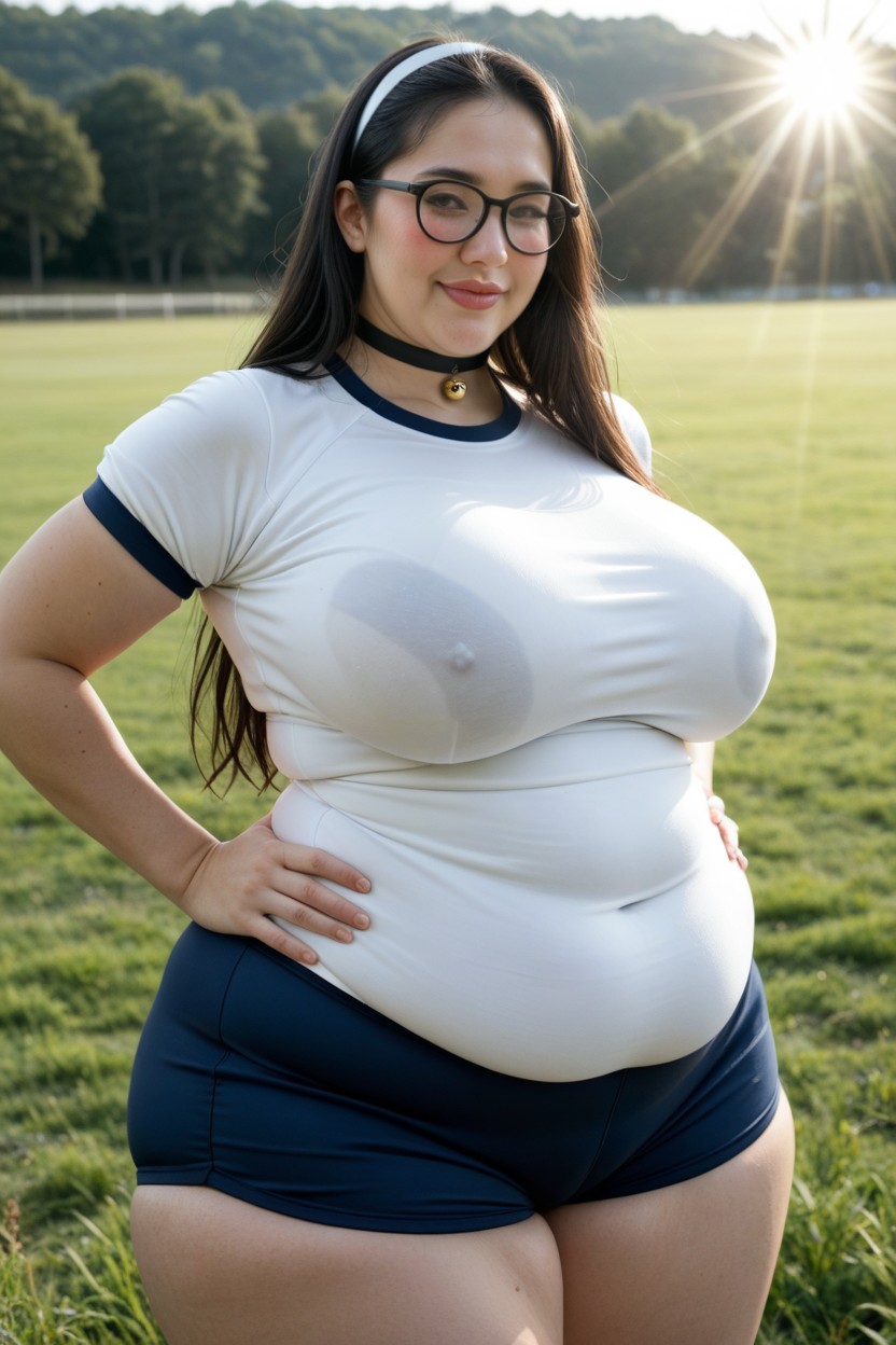 Glossy Black Hair, Hair Band, Clothed Natural Big Saggy Breasts BBW AI Porn