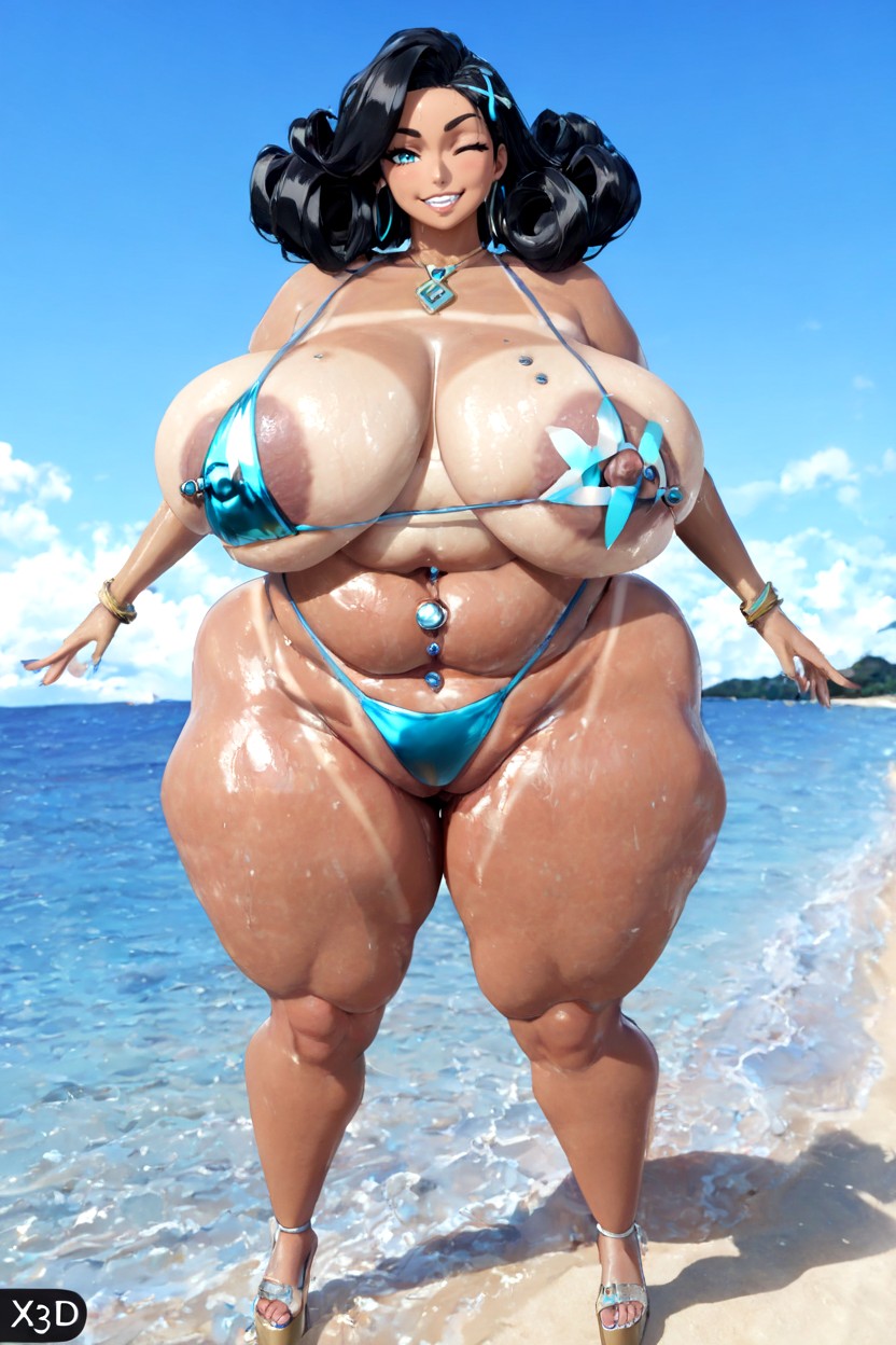 Hyper Doughy Thighs, Enlarged Nipples, Curly BBW AI Porn