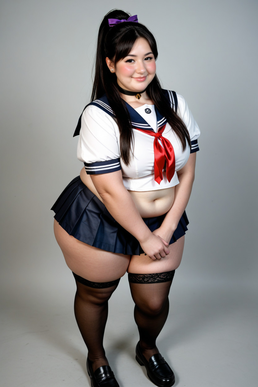 Fully Clothed, Rough High Ponytail, Hand On Own Shoulder BBW AI Porn