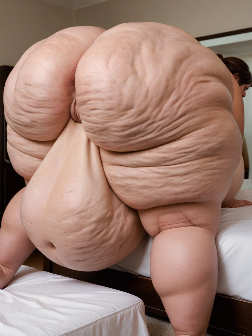 Pendulous Hanging Belly, And Pendulous And Hanging Down To The Bed, While Left Leg Thigh Is Close And Tucked Under Her Torso Allowing Her Left Foot To Be Planted On The Bed Her Belly Is Saggy BBW AI Porn