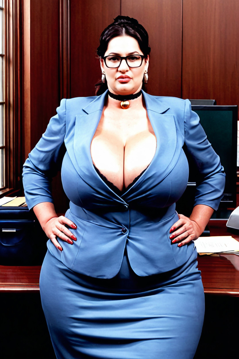 Glossy Black Hair, Deep Cleavage, Dressed In Elegant Office Attire 丰满AI色情