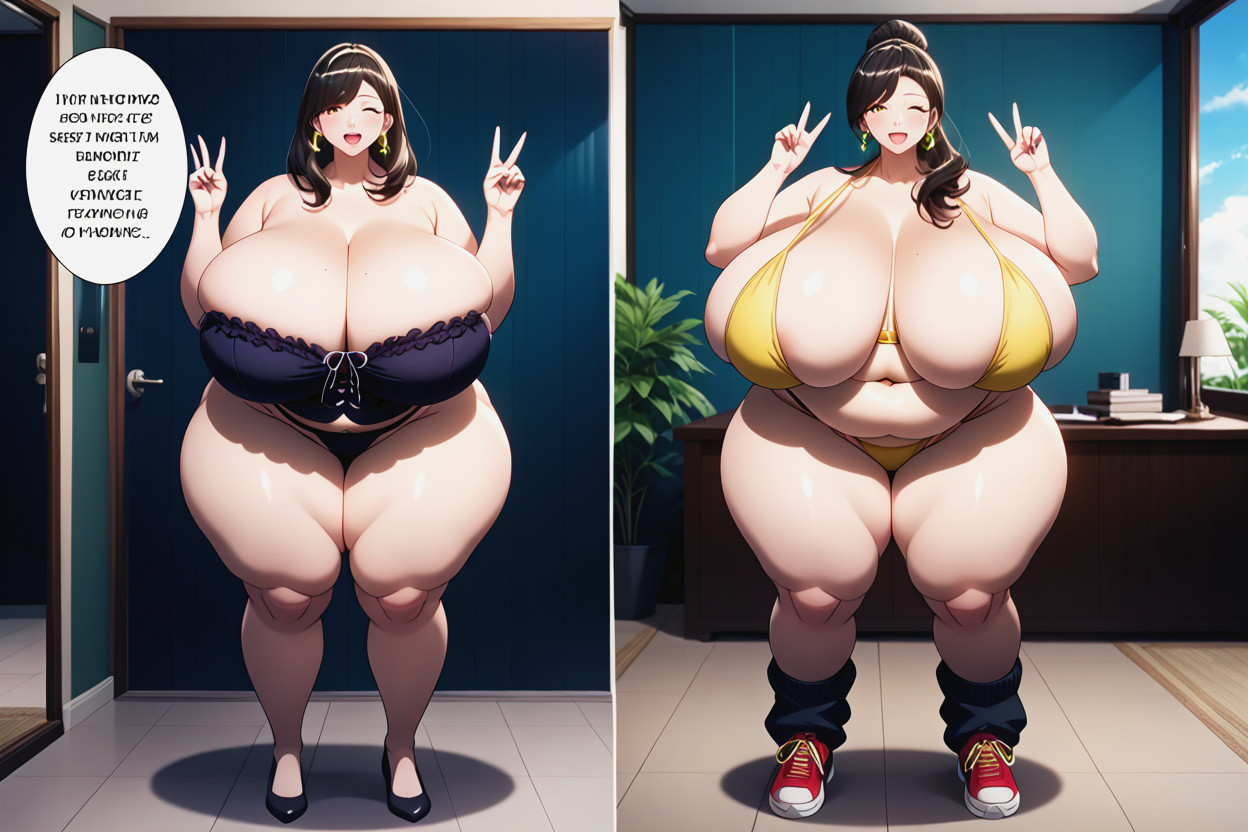 Lee, Wearing A Simple Black Peace Bikini Disappearing Under Her Vast Fatter_mega_bustier_curves, Busty Gargantuan Colossal Huge Fat Beasts Growing Larger 豐滿AI成人