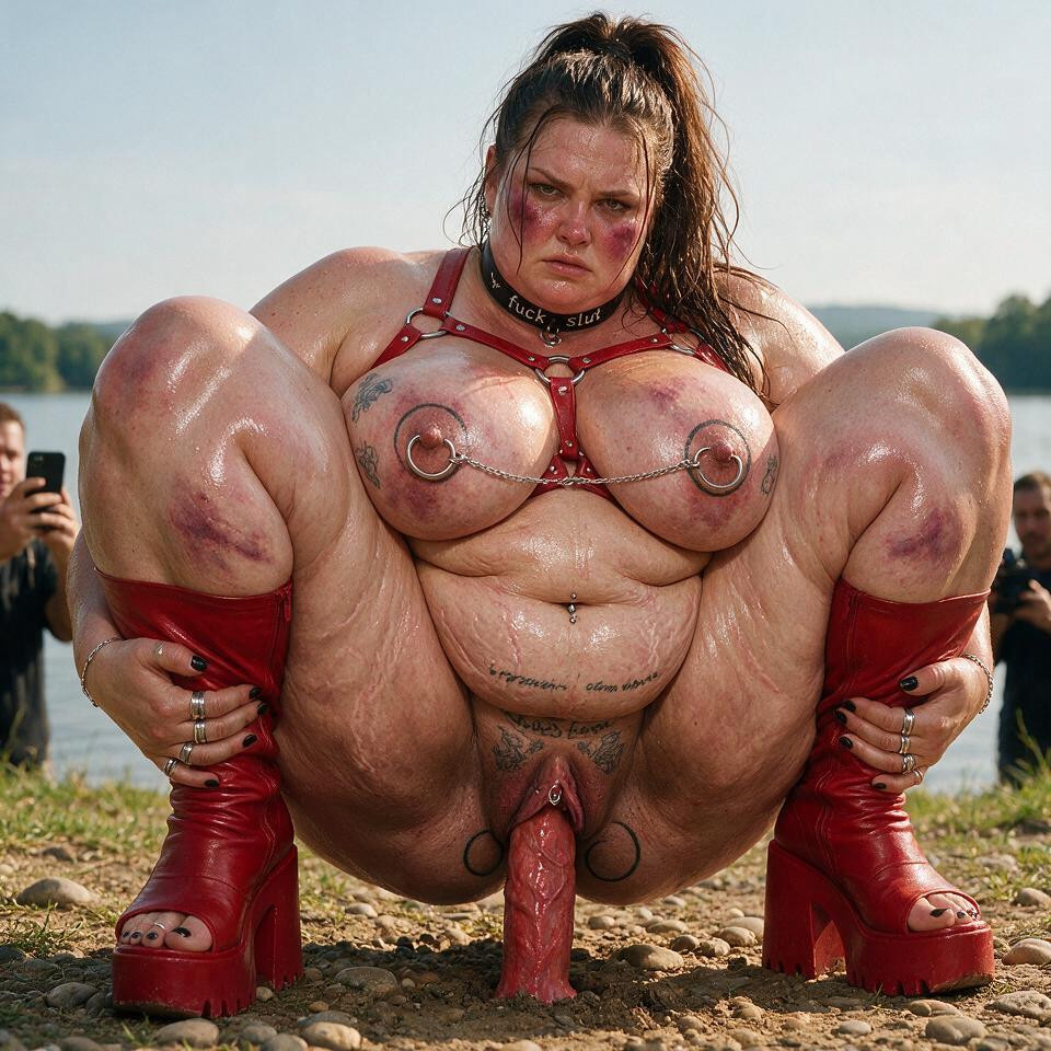 Extremely Obese Gigantic Saggy Tits, Red Leather Harness, Blushing BBW AI Porn